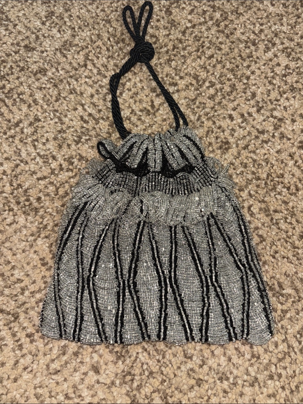 Beaded Drawstring Evening Bag in Silver and Black